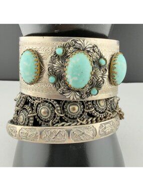 Vintage Silver Blue Stone Cuff Chain Bracelet Set of 3 Boho Festival Stackable